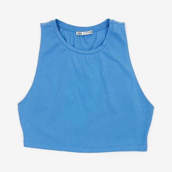 Zara Cropped Tank Top Medium Blue Cotton Blend Stretchy Slim Fit Summer - Picture 1 of 2